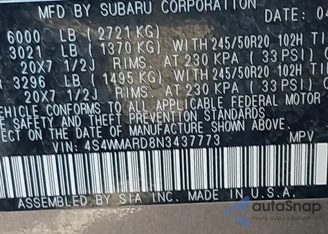 2022 Subaru Ascent Touring из США, поврежденный, VIN 4S4WMARD8N3437773